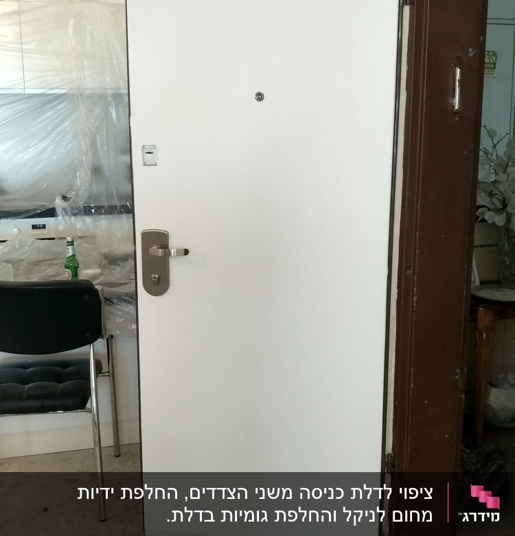 דלת לבנה עם ידית מתכת כסופה